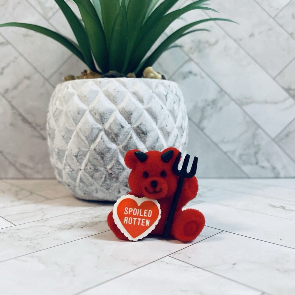 Vintage Flocked Red Devil Satan Bear Pin "Spoiled Rotten" Valentines Day Brooch